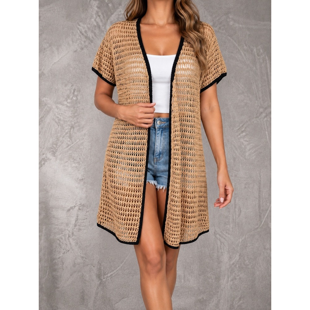 Staud Spritz Dress Womens XL Tan Cotton Crochet Open Knit Longline Boho Duster